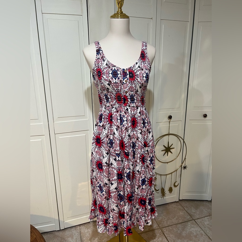 Japna Floral Midi Dress - Red white and Blue